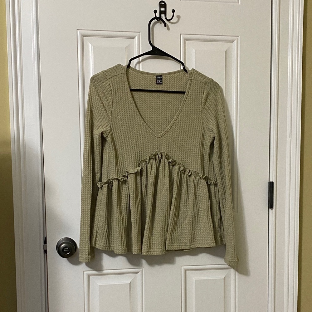 SHEIN Olive V-Neck Ruffle Blouse